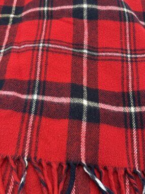 Vintage FARIBO Faribault Woolen Mills Acrylic Blanket Red Plaid Fringe 55x57 USA